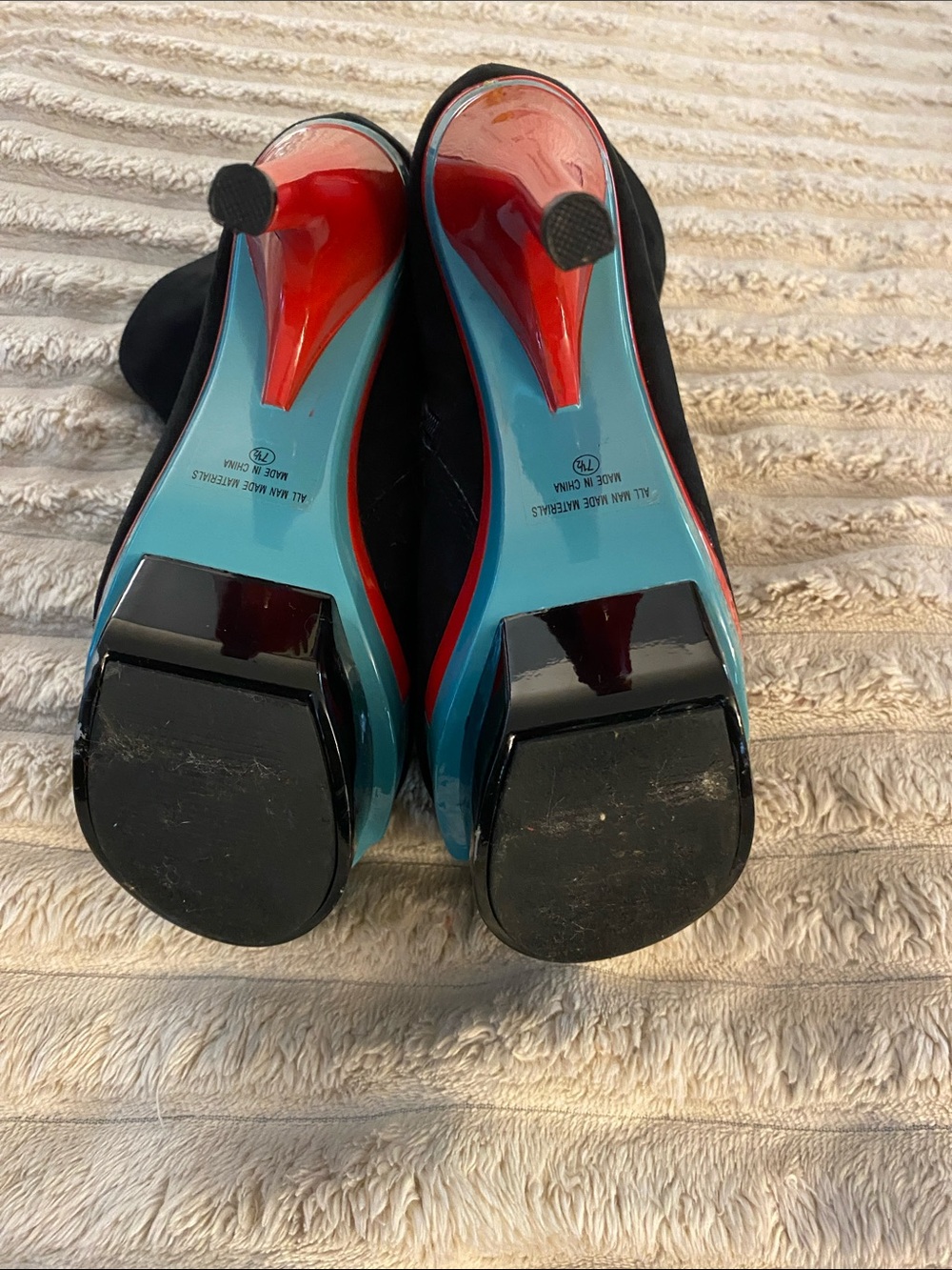 Suede Leather with Color Bock High Heels Blue, Red & Black - Picture 3 of 6